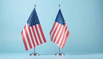 Two miniature U.S. flags on silver stands against light blue background.