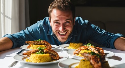 Caucasian adult male enjoying seafood and rice dishes in sunlit room