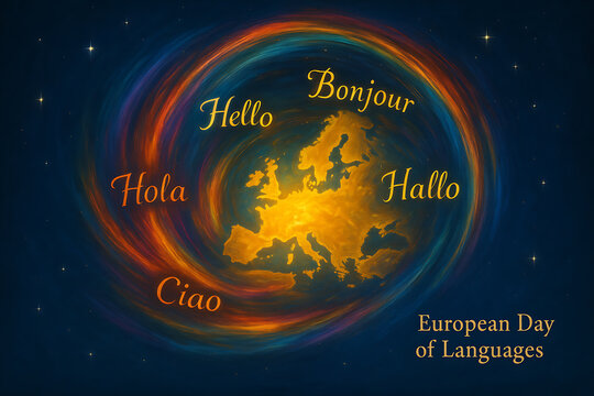 European day of languages creative cosmic artwork with glowing europe map and multilingual greetings in colorful swirling galaxy space