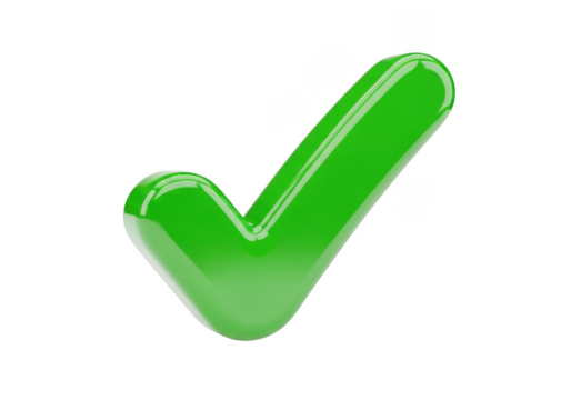 Shiny green check mark isolated on transparent background
