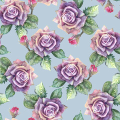 Seamless background watercolor lilac rose with buds and leaves on sky blue hand painted texture effect