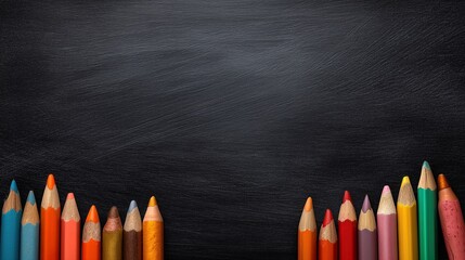Colorful pencils aligned on blank black chalkboard for creative education concept