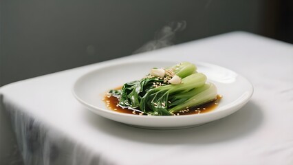 Chinese fried Pak Choi with garlic, sesame seeds. Healthy food