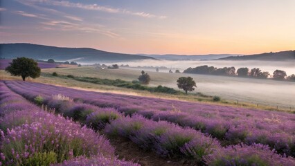 Beautiful lavender field at sunrise, with fog in the valley and purple flowers blooming.