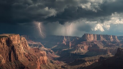 Fototapeta premium Lightning storm over Grand Canyon cliffs, dramatic sky, nature wallpaper