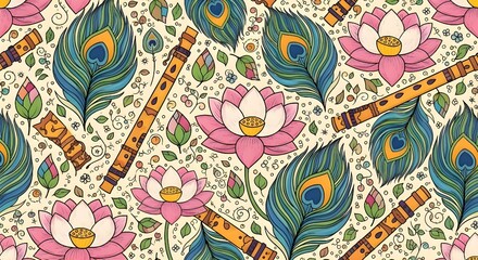 Vibrant Indian cultural pattern featuring peacock feathers, lotuses, and flutes creating a whimsical, spiritual, and artistic design perfect for festive celebrations and decor
