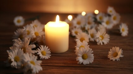 A single unlit candle surrounded by white daisies with yellow centers rests on a wooden surface,