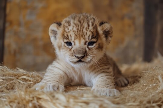 Adorable young liger cub with distinctive stripes rests on soft bedding in a warm environment