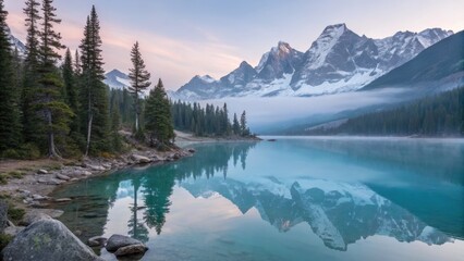 A breathtaking view of a mountain lake reflecting the peaks and forests.