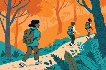 Obraz premium Children exploring a forest trail with backpacks.