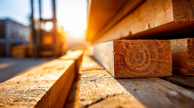 Close-up of stacked wooden planks during sunset at a construction site - Powered by Adobe