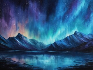 Fototapeta premium Northern Lights shine over lake & mountains. Tranquil scene ideal for calendar use