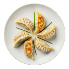 Five pan fried dumplings arranged in a circle on a white plate with chives food asian
