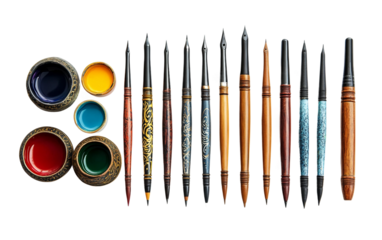 A Set of Arabic Calligraphy Pens Arranged Isolated On Transparent Background.