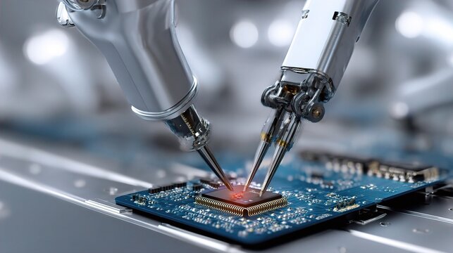 Close-up of robotic arms assembling a microchip on a printed circuit board, showcasing precision technology in a futuristic setting. - Powered by Adobe