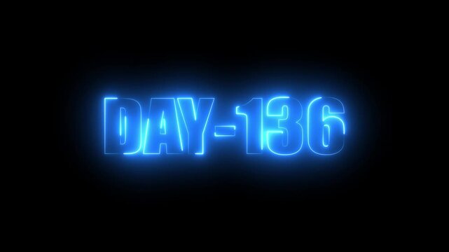 Blue Neon text day-136 animation on black background.calender, text,number, days, date, countdown neon text concept.
