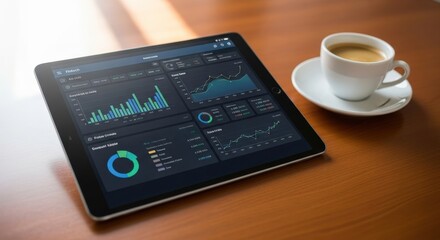 Tablet displaying financial data analysis with charts and graphs, next to a cup of coffee on a wooden table