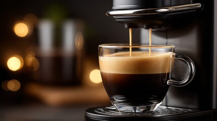 Fototapeta premium Closeup of fresh espresso being poured from a coffee machine into a clear glass cup with bokeh lights