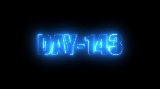 Blue Neon text day-143 animation on black background.calender, text,number, days, date, countdown neon text concept.