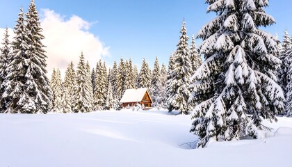 Snowy Winter Cabin Nestled Amidst a Pine Forest