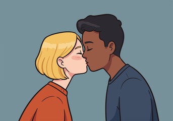 Obraz premium Young lovers kissing, in simple art against a background of plain wall
