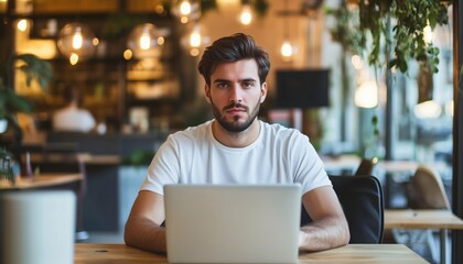 Obraz premium Serious Millennial Man Working On Laptop: Front View Of Focused Guy Writing Emails And Studying On Computer At The Workstation