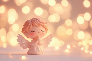 Fototapeta premium Whimsical angel figurine with soft bokeh lights creating a dreamy and enchanting atmosphere