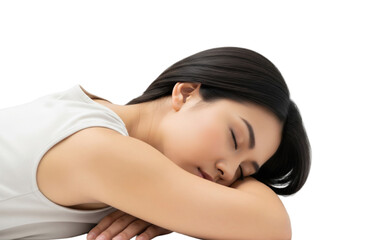 Obraz premium A young Asian woman with long black hair rests her head on her arms. She has a peaceful expression, eyes closed, against a transparent background.