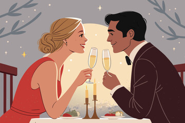 Couple enjoying anniversary dinner with champagn.