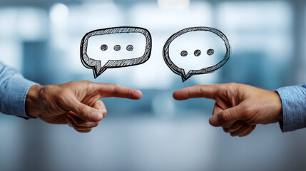 Two individuals engage in a conversation with animated speech bubbles above their pointing fingers, symbolizing communication and dialogue in a professional setting