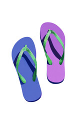 Two pairs of colorful flip-flops, one purple, one blue,  with lime green straps, presented against a black background.  Simple, flat design