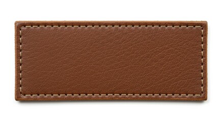 A blank brown leather label with a stitched border.