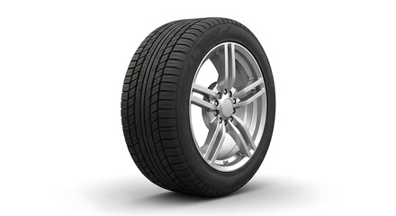 Isolated car tire with silver rim on a white background showcasing automotive engineering and design