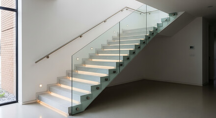 Modern staircase with glass railing and metal handrail in a bright white interior space design