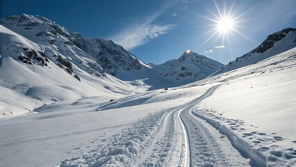 The majestic mountains shine under a clear, sunny sky with a snow-covered path winding through.