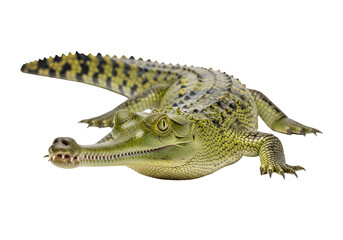 Naklejka premium A young, vibrant green crocodile with intricate patterns, presented against a striking black backdrop.