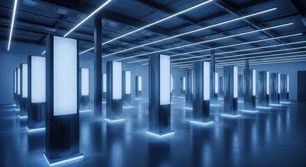 Modern minimalist interior design with blue led lighting and geometric pillars in a futuristic gallery space