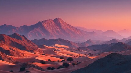 Naklejka premium Majestic desert mountain landscape at sunset with warm orange and purple hues, casting dramatic light and shadow across the terrain