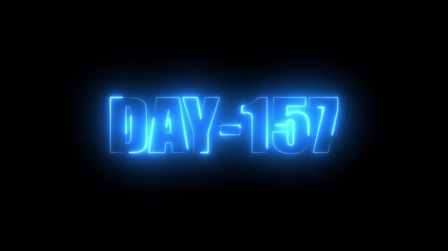Blue Neon text day-157 animation on black background.calender, text,number, days, date, countdown neon text concept.