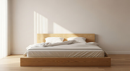 Minimalist bedroom featuring a wooden platform bed with white linens and natural light streaming in