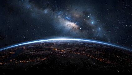 A breathtaking cosmic perspective showing the glowing horizon of a celestial dawn over a connected world, with the Milky Way arching across the starry expanse of deep space