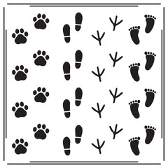 Animal and Human Footprint Icons Set - Paw Prints, Footstep Silhouettes, Wildlife and Human Tracks, Vector Animal and Human Footprint Illustrations