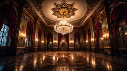 Grand ballroom with ornate chandelier and reflective floor