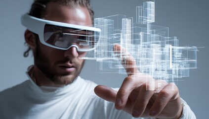 Man wearing futuristic glasses interacting with holographic city model