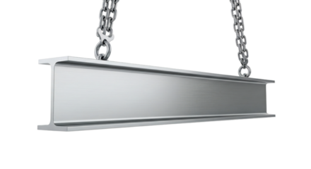 Metal beam suspended by chains against a transparent background. The beam is silver with a smooth finish, showcasing its industrial design.