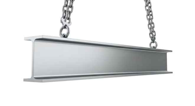 Metal beam suspended by chains against a transparent background. The beam is silver with a smooth finish, showcasing its industrial design.