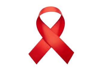 A vibrant red awareness ribbon is centered against a stark black background.
