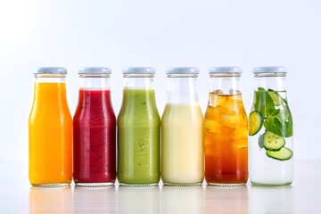 Assortment of colorful healthy juices and infused water in glass bottles