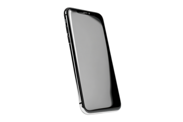 Sleek, angled smartphone render with shiny black screen and silver frame