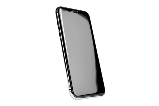 Sleek, angled smartphone render with shiny black screen and silver frame
